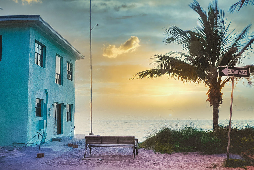 Pale blue coastal building with a bench and palm tree at golden hour